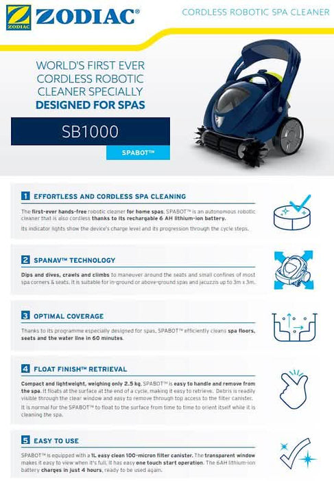 Zodiac SPABOT SB1000 Cordless Robotic Spa Pool Cleaner – Compact, Rechargeable & Powerful