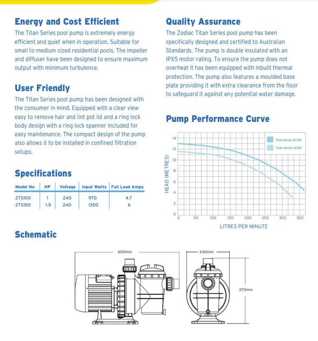 Zodiac Titan 1.5HP Pool Pump ZTS150