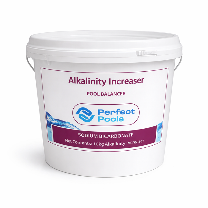 Perfect Pools alkalinity increaser 10kg bucket with sodium bicarbonate pool balancer label on a white bucket, shown on a light background