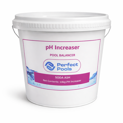 Bucket of Perfect Pools pH Increaser with a white background Soda Ash 10kg