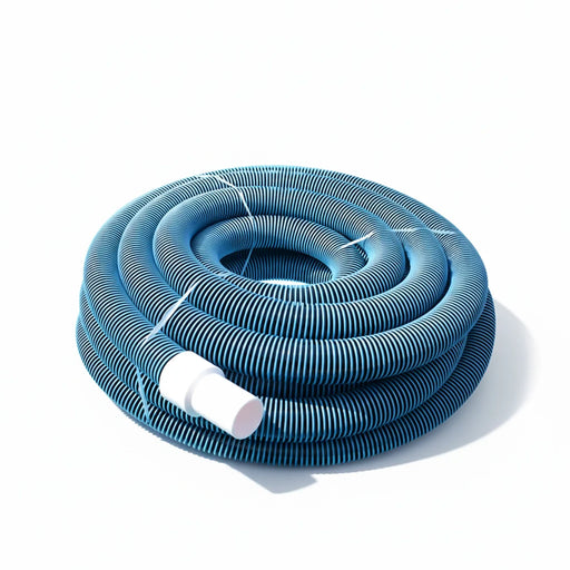 Coiled blue swimming pool vacuum hose with white hose cuff
