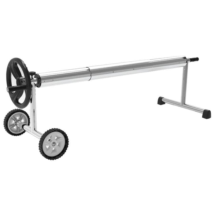 Swimming pool cover roller with winding handle, wheels and support frame