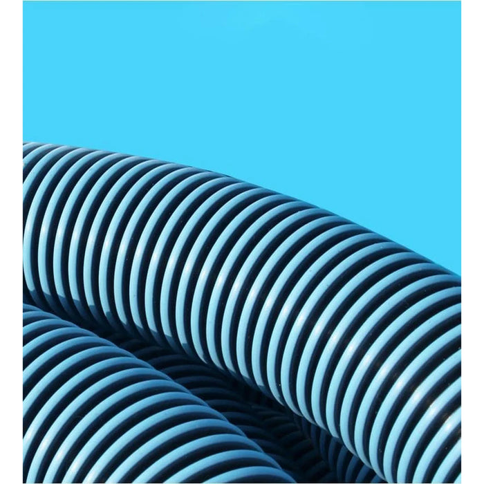 Close-up of the ribbed blue pool vacuum hose