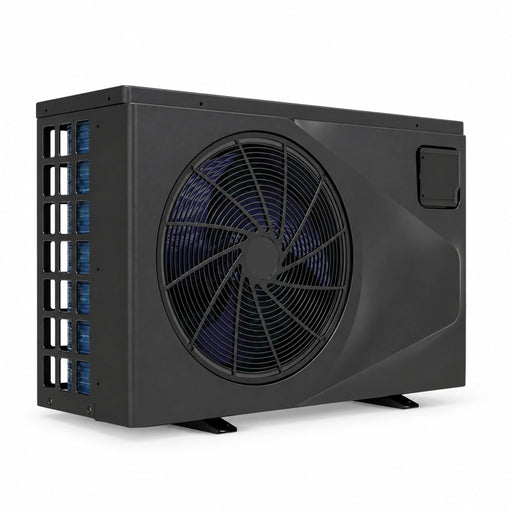 Black 18 kW inverter pool heat pump shown at an angle with front fan and side grille