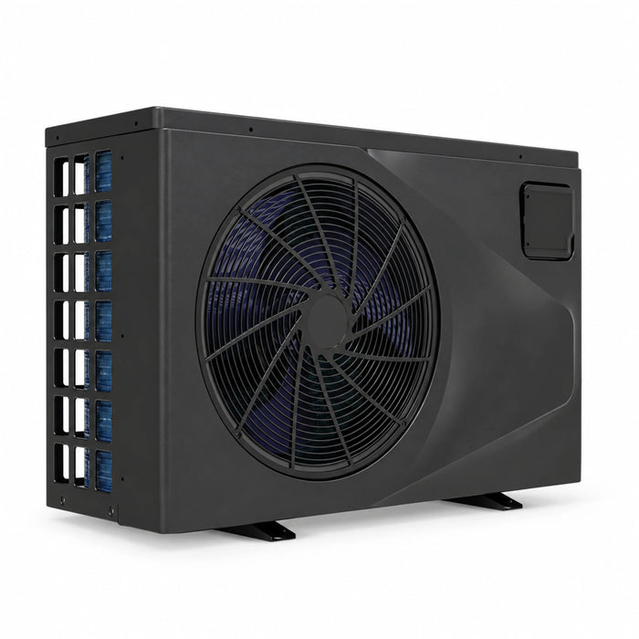 Black 18 kW inverter pool heat pump shown at an angle with front fan and side grille