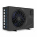 Black 18 kW inverter pool heat pump shown at an angle with front fan and side grille