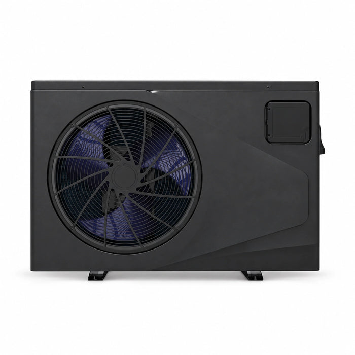 Front view of the black 18 kW inverter pool heat pump with fan and control panel