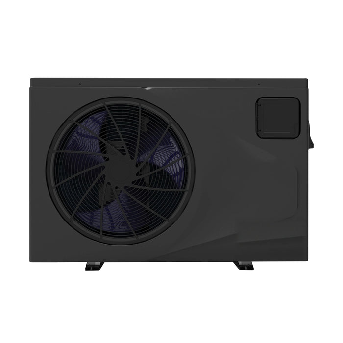 Front view of the black 18 kW inverter pool heat pump with fan and control panel