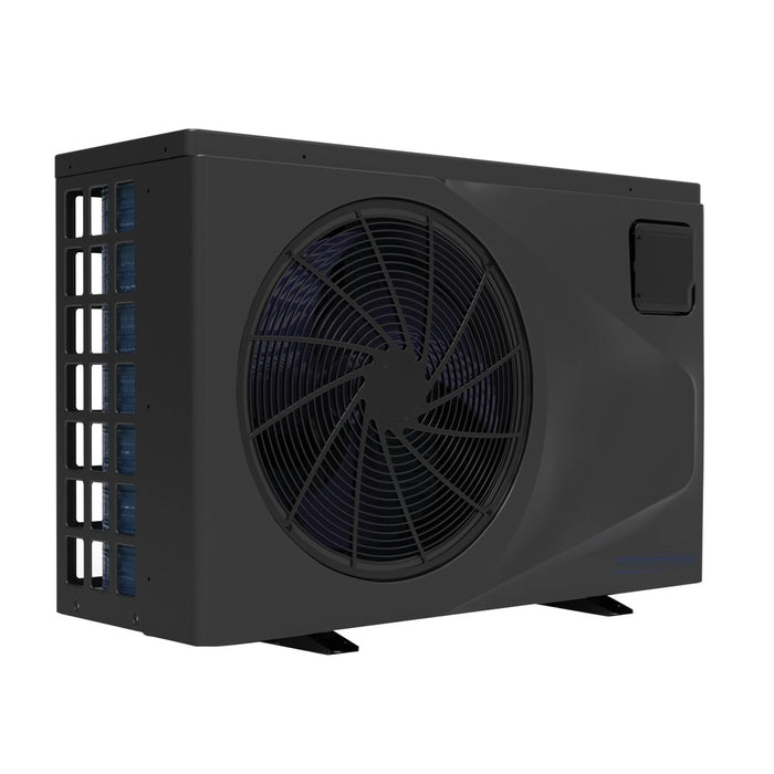 Black 18 kW inverter pool heat pump shown at an angle with front fan and side grille