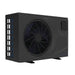 Black 18 kW inverter pool heat pump shown at an angle with front fan and side grille