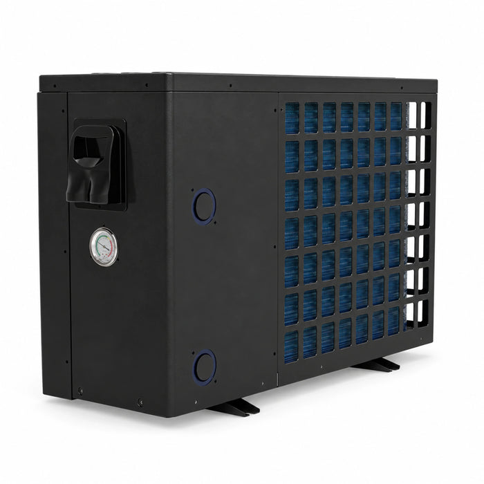 Side and rear view of the 18 kW inverter pool heat pump showing grille, connections and pressure gauge
