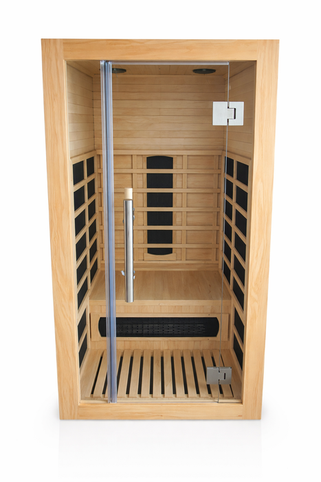 1 person infrared sauna with natural wood interior, black heater panels and full glass door on a white background
