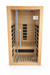 1 person infrared sauna with natural wood interior, black heater panels and full glass door on a white background