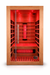 1 person infrared sauna with natural wood interior, red light therapy glow, black heater panels and full glass door on a white background