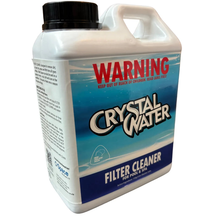 Crystal Water pool and spa filter cleaner bottle shown at an angle