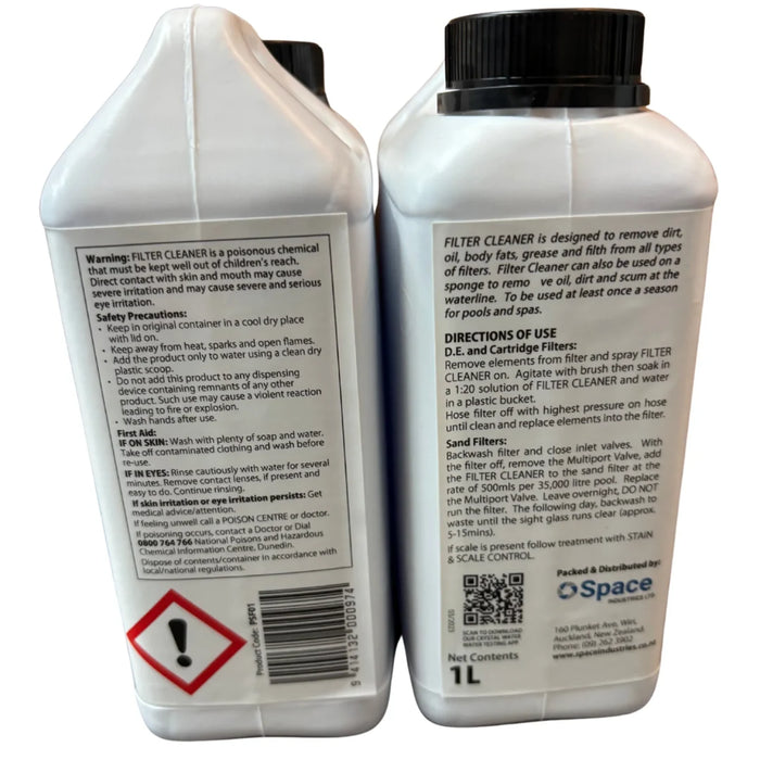 Rear labels of Crystal Water filter cleaner bottles, showing directions and safety information
