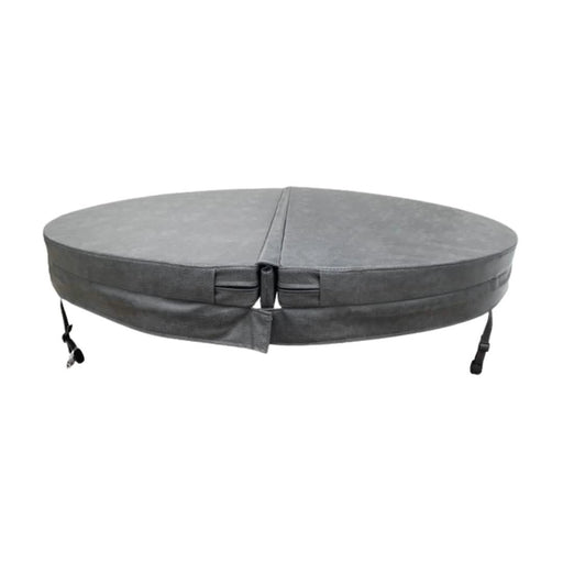Front view of a charcoal grey circular spa pool cover, showing the insulated tapered profile, centre hinge and securing straps.