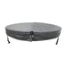 Front view of a charcoal grey circular spa pool cover, showing the insulated tapered profile, centre hinge and securing straps.