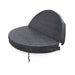 Charcoal grey circular spa pool cover shown partially folded open, highlighting the insulated tapered design and centre hinge.