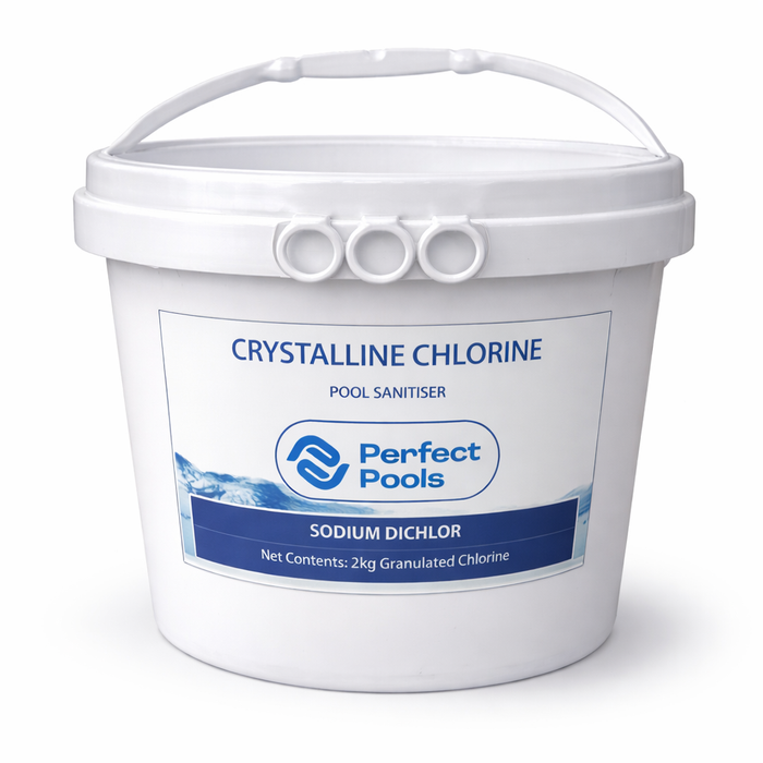 White bucket of crystalline chlorine pool sanitizer with Perfect Pools label on a white background