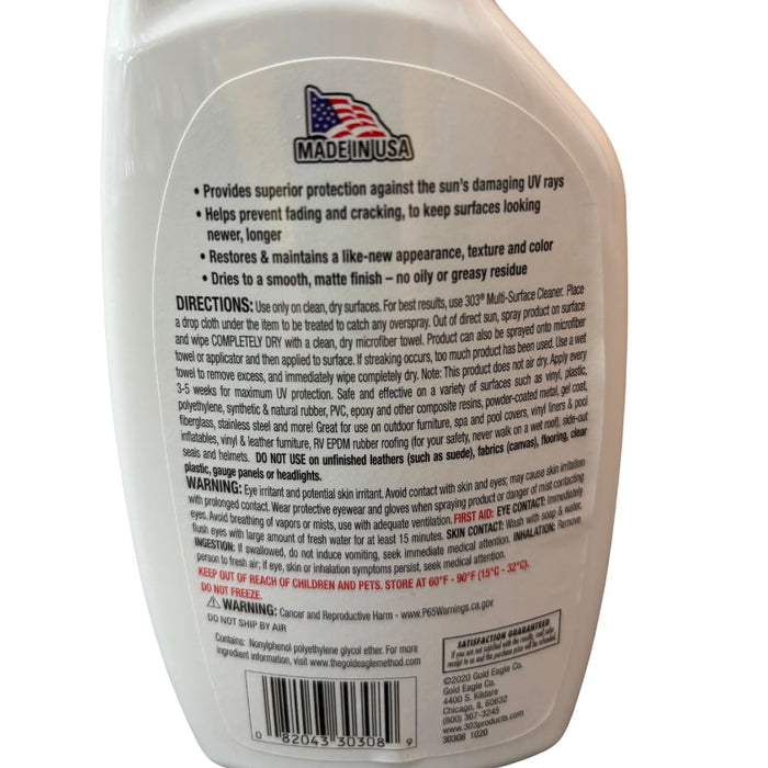 Rear label of 303 Aerospace Protectant spray, showing directions and precautions