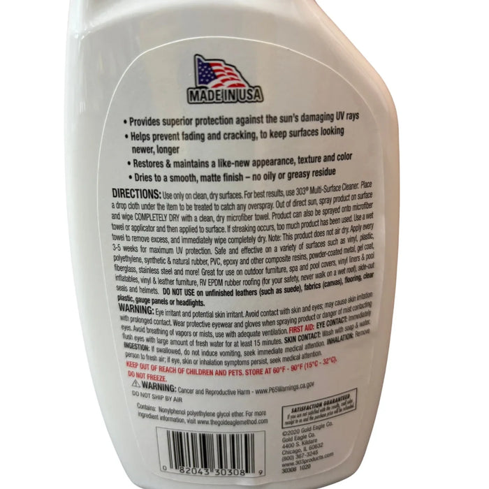 Rear label of 303 Aerospace Protectant spray, showing directions and precautions
