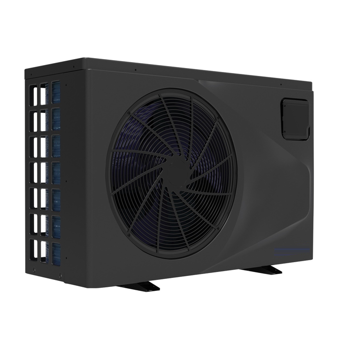 Black inverter pool heat pump unit with front fan and side ventilation panel on a white background