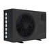 Black inverter pool heat pump unit with front fan and side ventilation panel on a white background