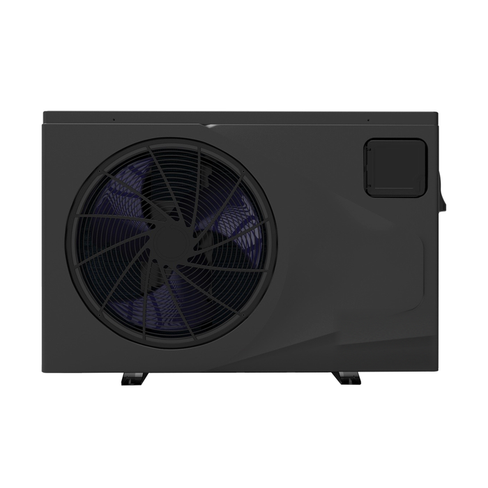 Black inverter pool heat pump with large front fan and control access panel on a white background
