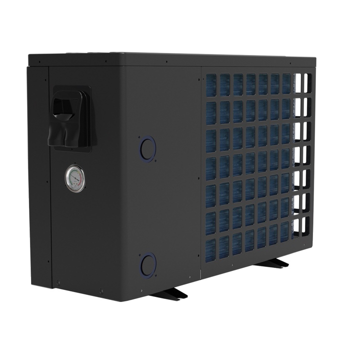 Black pool heat pump unit with side ventilation grille, water connection ports and pressure gauge on a white background