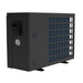 Black pool heat pump unit with side ventilation grille, water connection ports and pressure gauge on a white background