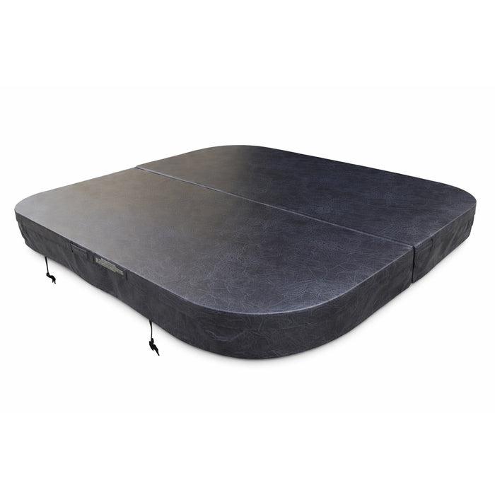 Square spa pool cover in charcoal grey, shown in angled view with tapered insulated design and centre hinge.