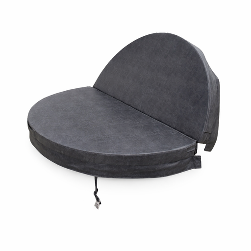 Charcoal grey circular spa pool cover shown partially folded open, highlighting the insulated tapered design and centre hinge.
