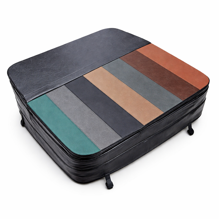 Square spa pool cover shown with multiple colour options, including charcoal, grey, tan, brown and teal sample panels.