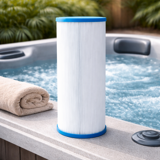 DX50 spa filter cartridge placed beside spa pool showing real world use and size in premium outdoor spa setting