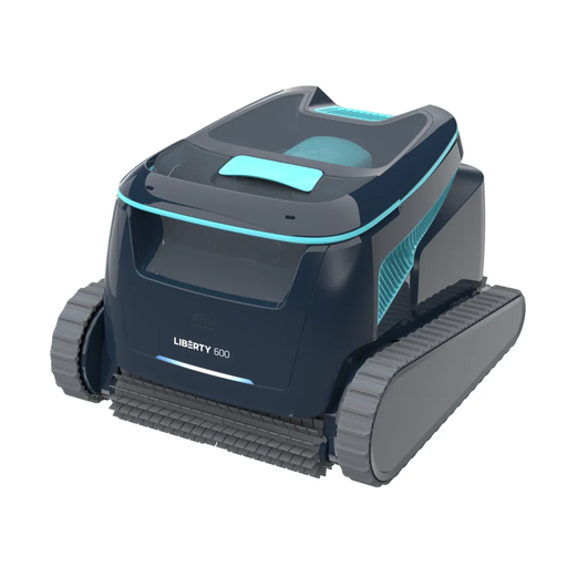 Dolphin Liberty 600 cordless robotic pool cleaner with dark blue body, grey tracks and front scrubbing brushes on a white background