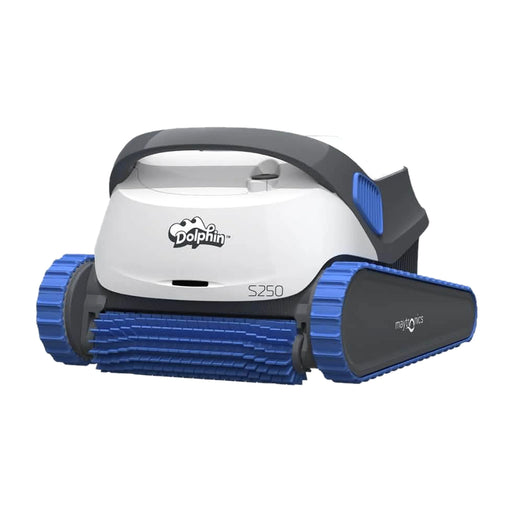 Dolphin pool cleaning robot with blue and black design on a white background