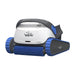 Dolphin pool cleaning robot with blue and black design on a white background