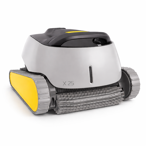 Dolphin X25 robotic pool cleaner with grey body, yellow side tracks and front scrubbing brushes on a white background
