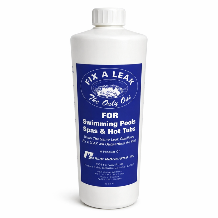 Fix A Leak pool and spa leak sealer bottle with blue label on white background