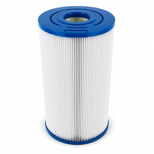 A cylindrical pool or spa filter cartridge with white pleated filter media and blue plastic end caps, shown on a clean white background.