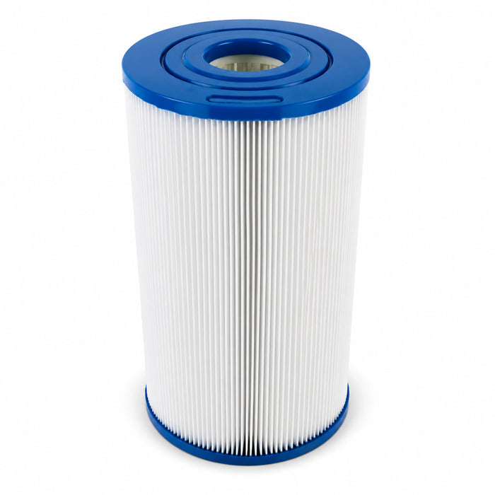 A cylindrical pool or spa filter cartridge with white pleated filter media and blue plastic end caps, shown on a clean white background.