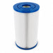 A cylindrical pool or spa filter cartridge with white pleated filter media and blue plastic end caps, shown on a clean white background.