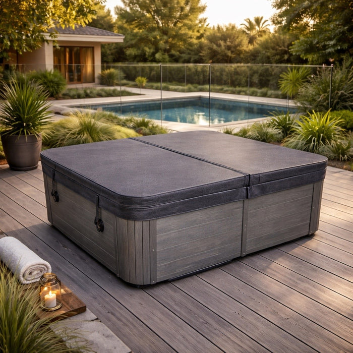 Charcoal grey square spa pool cover on an outdoor spa in a modern backyard setting, with tapered insulated design and centre hinge.