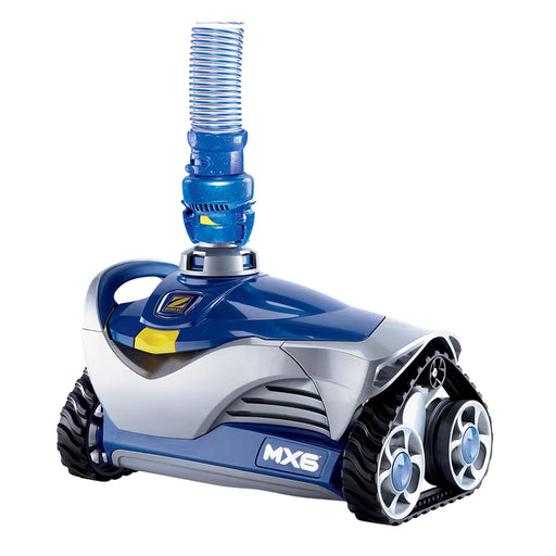 Zodiac MX6 Suction swimming pool Cleaner with tracks, blue, hoses plugged in