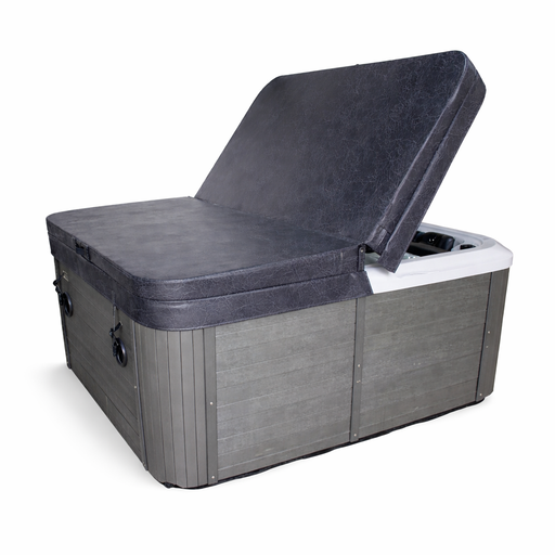 Charcoal grey square spa pool cover shown partially open, highlighting the tapered insulated design and centre hinge.