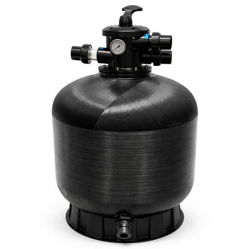 Black P Series fibreglass pool filter with multiport valve on a white background