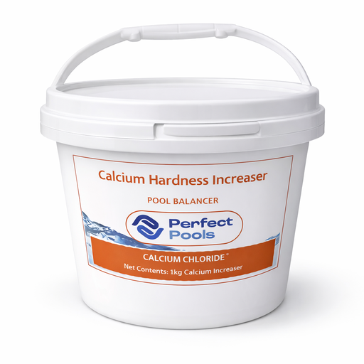 Perfect Pools calcium hardness increaser 1kg bucket with calcium chloride pool balancer label on a white bucket against a light background