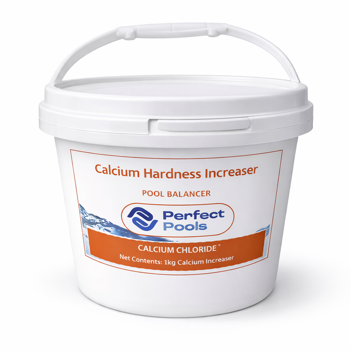 Perfect Pools calcium hardness increaser 1kg bucket with calcium chloride pool balancer label on a white bucket against a light background