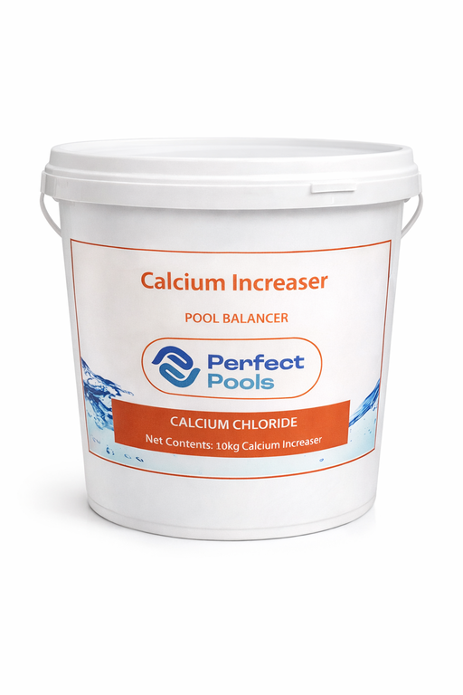 Perfect Pools calcium increaser 10kg bucket with calcium chloride pool balancer label on a white bucket against a light background